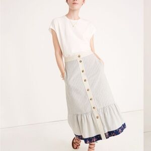 NWT Madewell Denim Project Gray and Cream Striped Midi Skirt, Size 12
